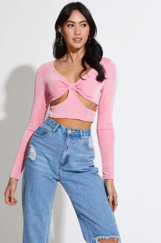 women's tops for layeringPink Cut Out Top Long Sleeve Crop