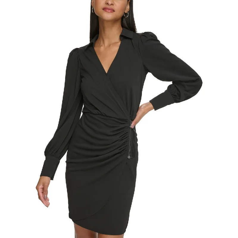 women's petite dressesKarl Lagerfeld Paris Womens Ruched Faux Wrap Mini Dress