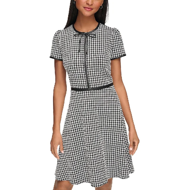 women's long-sleeved dressesKarl Lagerfeld Paris Womens Houndstooth Bow Neck Mini Dress