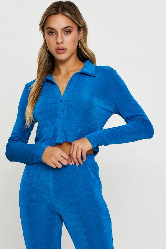 women's tops for those who want to add a pop of color to their outfitsBlue Slinky Top Long Sleeve Collared