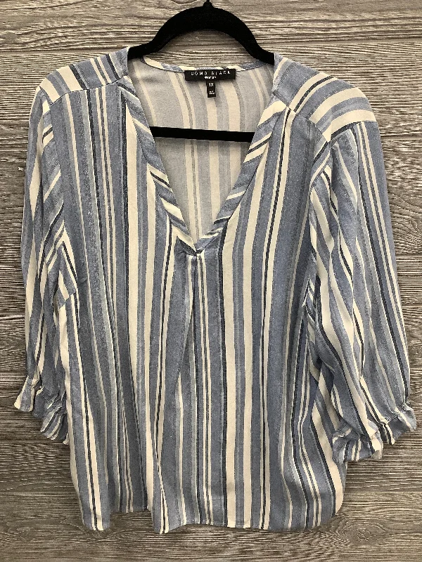 women's tops with ruffled hemsTop Long Sleeve By Clothes Mentor In Blue & White, Size: 1x