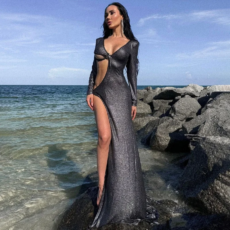 women's handmade dressesGlitter Metallic Lurex V Neck Long Sleeve Cutout Backless Split Maxi Gown Dress