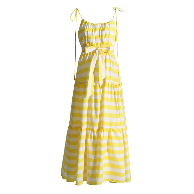 Floral DressVintage Stripe Scoop Neck Tie Strap Belted Smocked Tiered Maxi Sundress