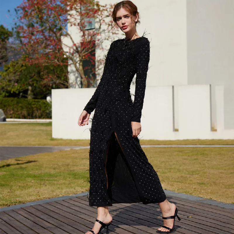 Tiered DressElegant Faux Feather Rhinestone Mesh Long Sleeve High Split Evening Maxi Dress