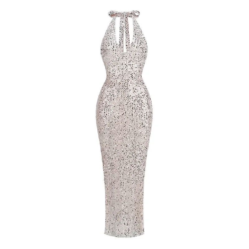 Scoop-Neck DressSparkly Sheer Sequin Mesh Halter Backless Sheath Fishtail Maxi Formal Dress