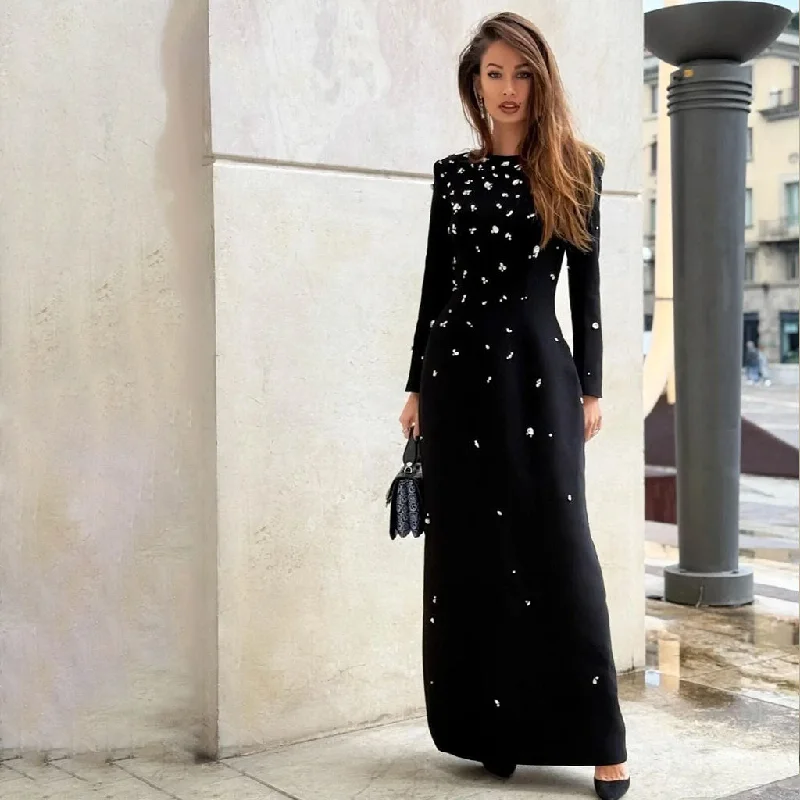 women's flowy dressesSparkly Crystal Crew Neck Shoulder Pad Long Sleeve Crepe Maxi Evening Dress