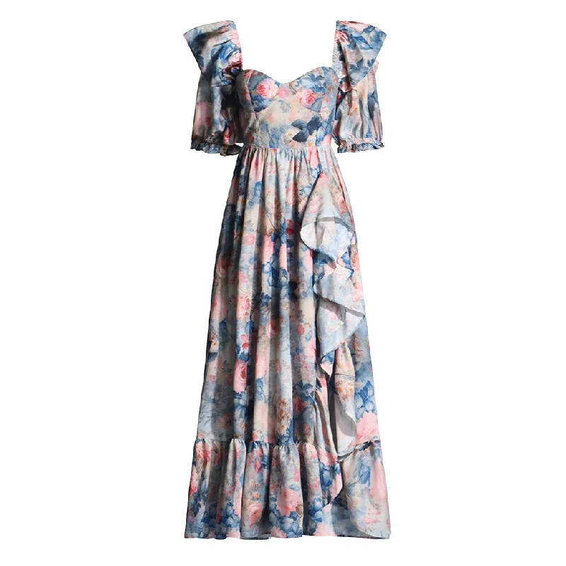 Halter DressVintage Floral Print Sweetheart Puff Sleeve Ruffle Split Maxi Vacation Dress