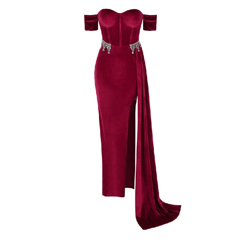 Statement DressLuxury Crystal Embellished Off The Shoulder Sweetheart Corset Split Maxi Velvet Dress