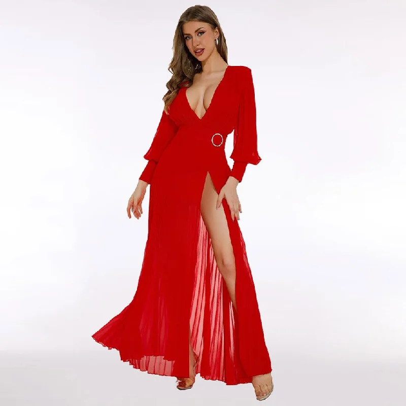 Zip-Up DressSexy Plunge Bishop Sleeve Belted High Split Chiffon Pleated Maxi Evening Dress