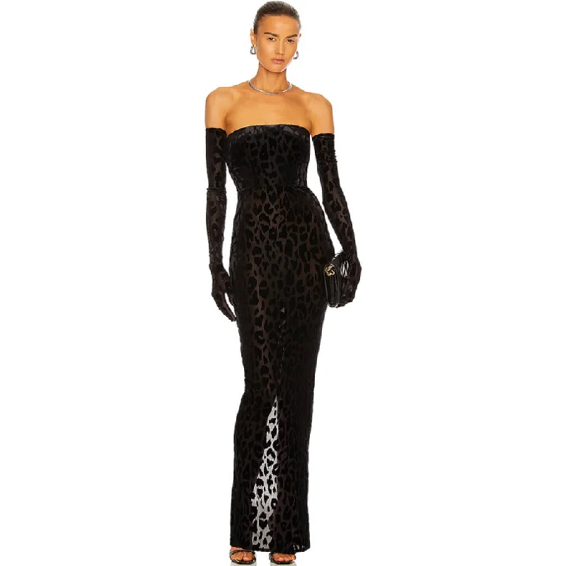 women's stretchy dressesClassy Gloved Flocked Leopard Strapless Maxi Evening Dress - Black