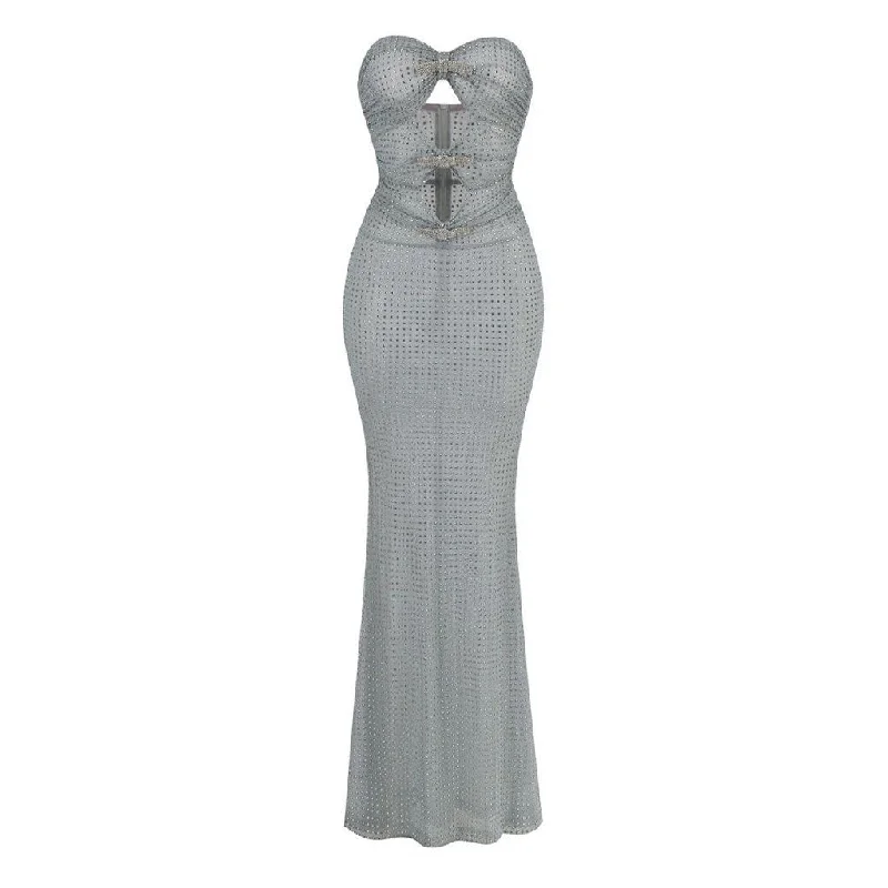 A-Line DressSparkly Crystal Bow Cutout Ruched Strapless Sheer Mesh Fishtail Maxi Dress