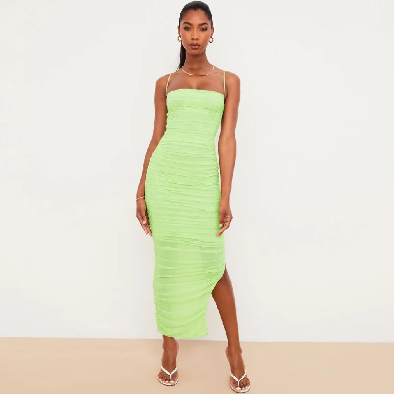 women's fair-trade dressesSquare Neck High Slit Ruched Mesh Cocktail Party Maxi Dress - Green