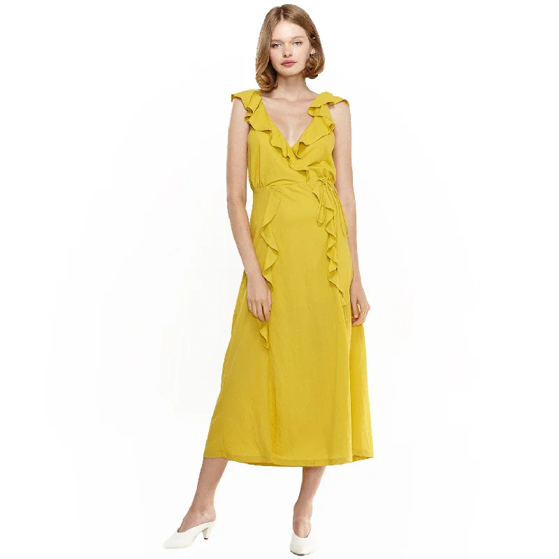 women's maternity dressesWomen's Ruffle Trim Wrapped Maxi Dress in Mustard