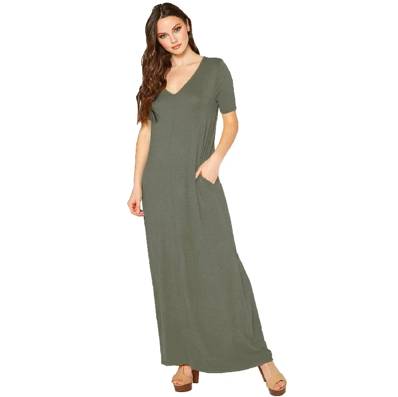 Halter DressV-neck Short Sleeve Maxi Dress With Pockets