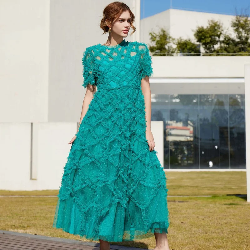 women's pear-shaped body dressesOpulent Crew Neck Sheer Sleeve High Waist A Line Dotted Tulle Ruffle Maxi Dress