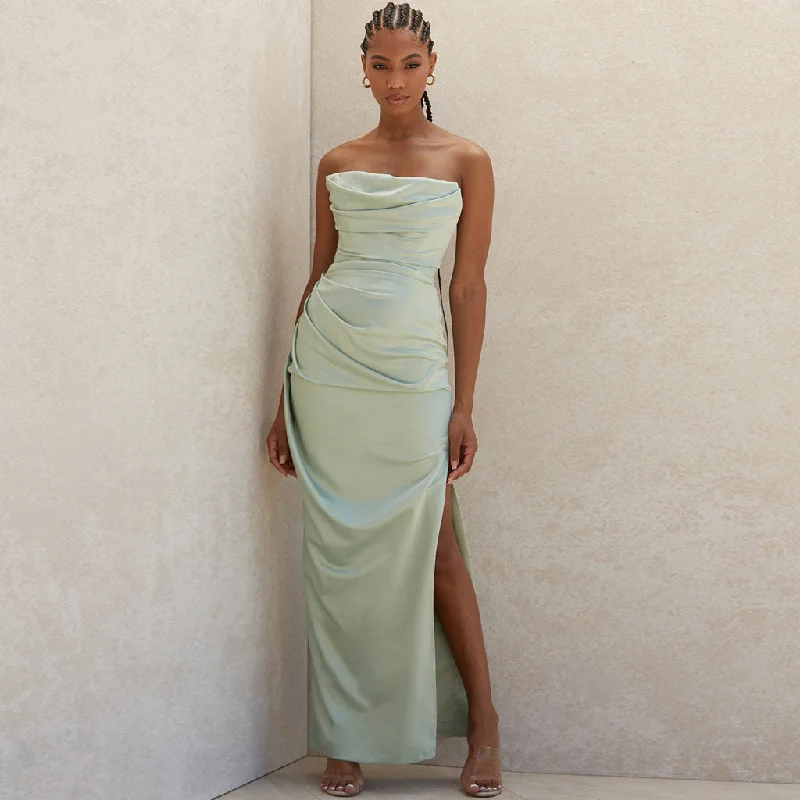 women's luxury dressesSilky Satin High Slit Ruched Strapless Party Maxi Dress - Sage Green