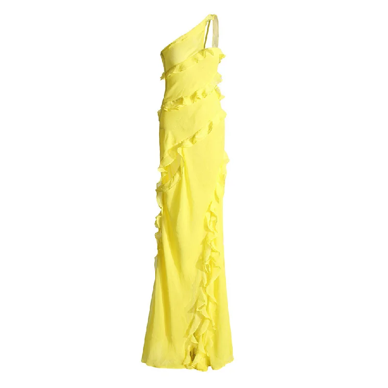 Cocktail DressLuxe One Shoulder Split Cutout Layered Ruffled Chiffon Evening Maxi Dress