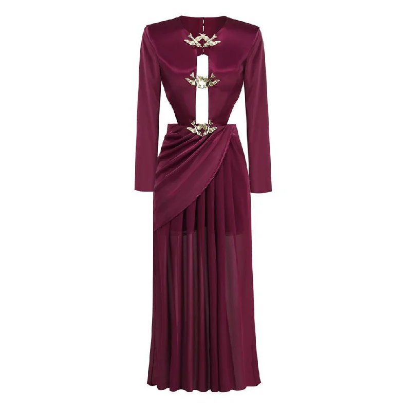 Formal DressMetal Bird Detail Plunge Neck Long Sleeve Cutout Back Draped Split Maxi Evening Dress