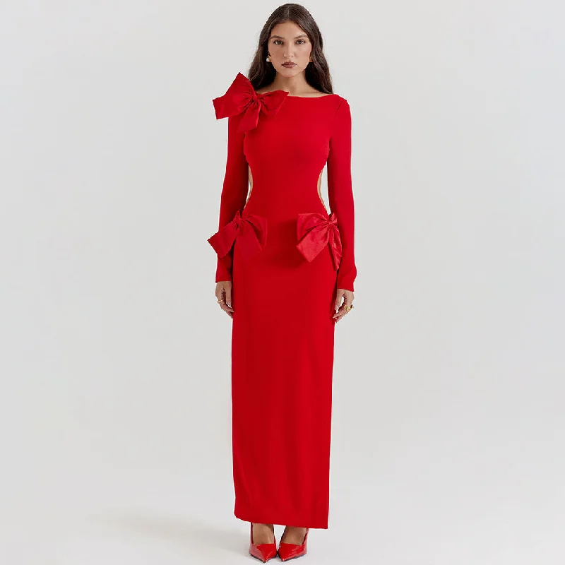 Plus-Size DressLuxury Oversized Bow Boat Neck Bodycon Long Sleeve Thigh Split Cut Out Maxi Dress