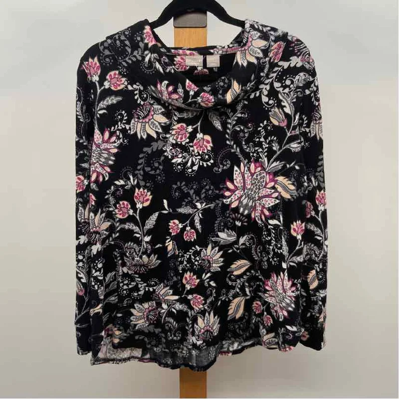 women's tops for those who want to wear versatile pieces that can be dressed up or downChico's Women's Size M Black Floral Long Sleeve Shirt