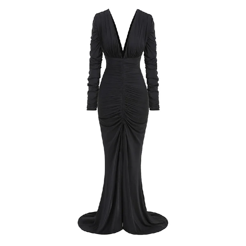 women's lace-up dressesSexy Deep V Neck Ruched Long Sleeve Split Fishtail Maxi Evening Dress