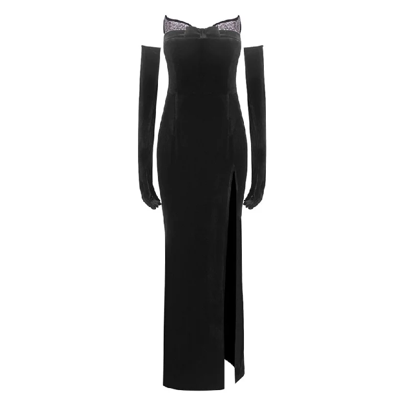 Velvet DressOpulent Crystal Bow Trim Strapless Opera Glove Split Velvet Maxi Fishtail Dress