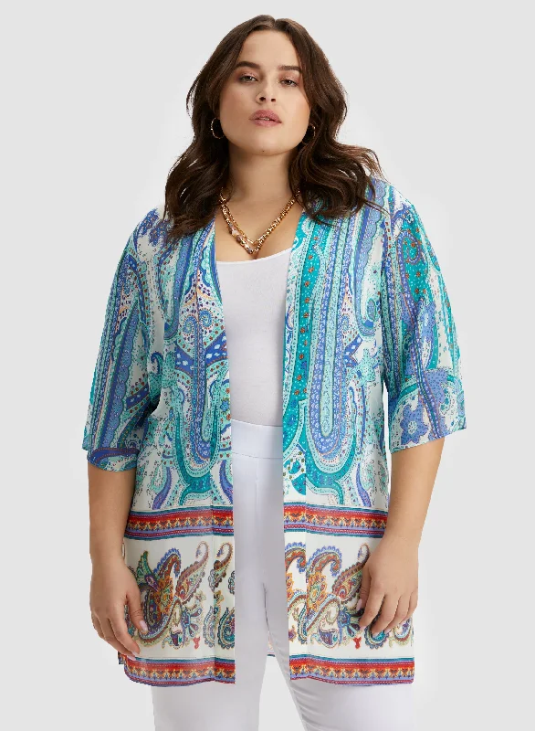 plus-size women's topsPaisley Print Open Front Tunic