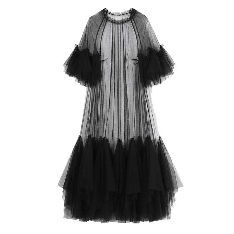 women's plus-size dressesEthereal Tiered Ruffle Crew Neck Short Sleeve A Line Maxi Sheer Tulle Dress