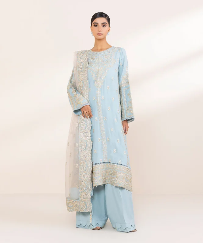 three-quarter sleeve women's tops3 Piece - Embroidered Raw Silk Suit