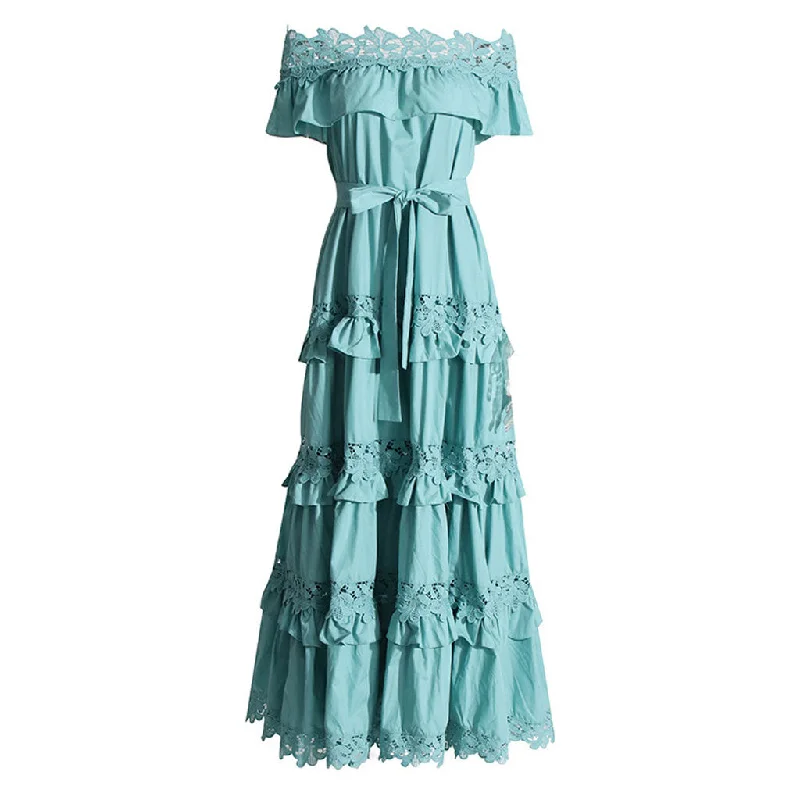 Chic DressRomantic Ruffle Off Shoulder Tie Waist Guipure Lace Tiered Maxi Dress