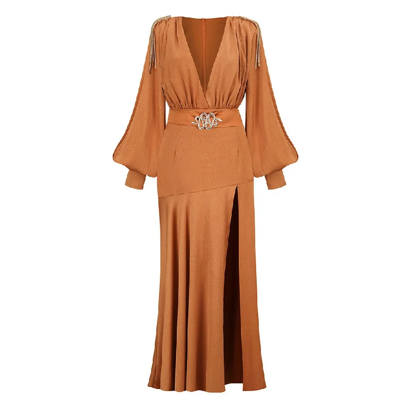 women's empire-line dressesSnake Belted Fringe Bishop Sleeve Plunge Neck High Split Maxi Evening Dress