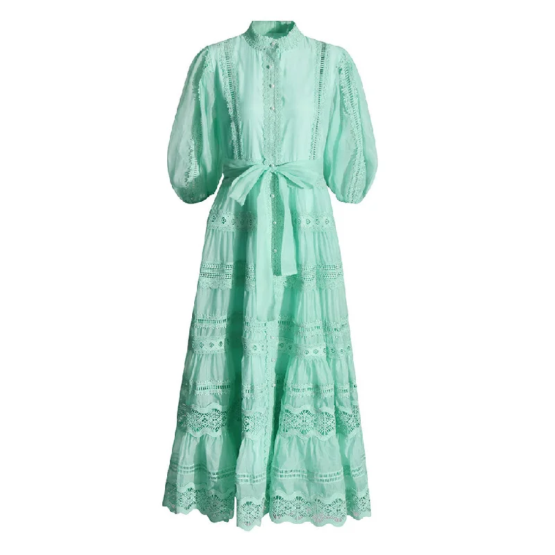 women's bow dressesVictorian Mock Neck Blouson Sleeve Belted Guipure Lace Tiered Maxi Dress