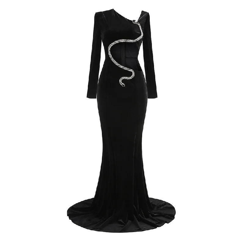 women's flutter-sleeved dressesAsymmetric Cutout Crystal Snake Padded Shoulder Velvet Fishtail Maxi Dress