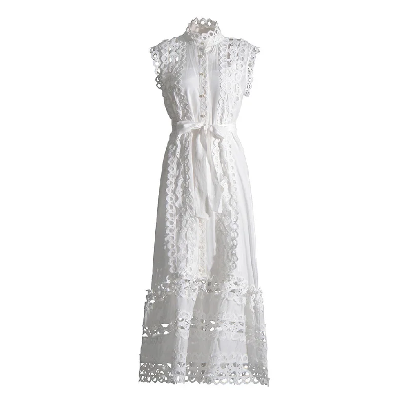 women's vintage dressesLuxury Mock Neck Sleeveless Buttoned Scalloped Guipure Lace Maxi Dress