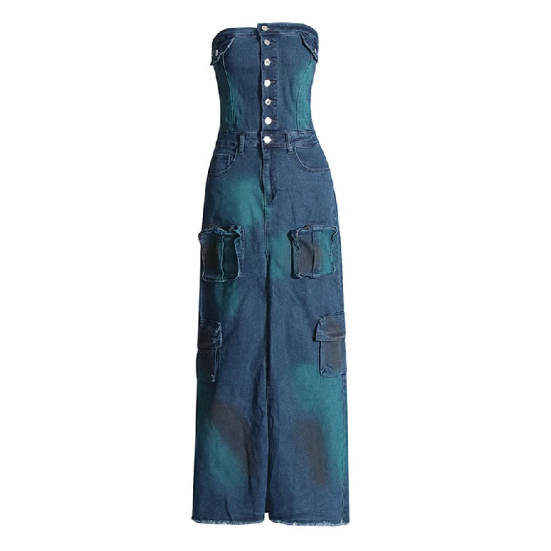 women's midi dressesChic Button Up Strapless Cargo Pocket Split Frayed Hem Denim Maxi Dress