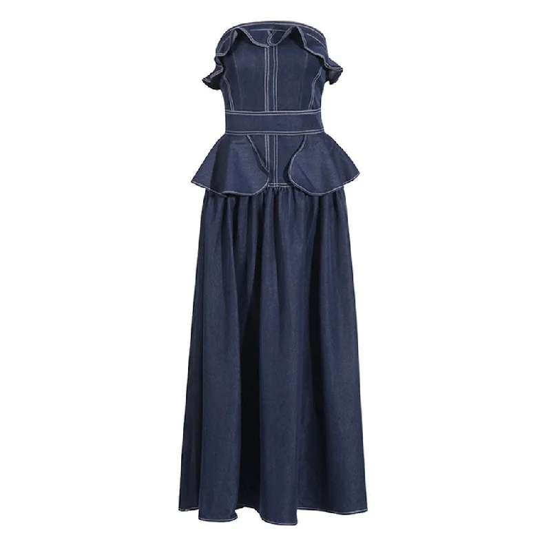 women's empire waist dressesContrast Stitch Ruffle Strapless Ruched Drop Waist Peplum Denim Maxi Dress