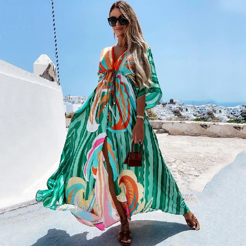 women's handmade dressesAbstract Print Belted Button Down V Neck Maxi Dress - Green