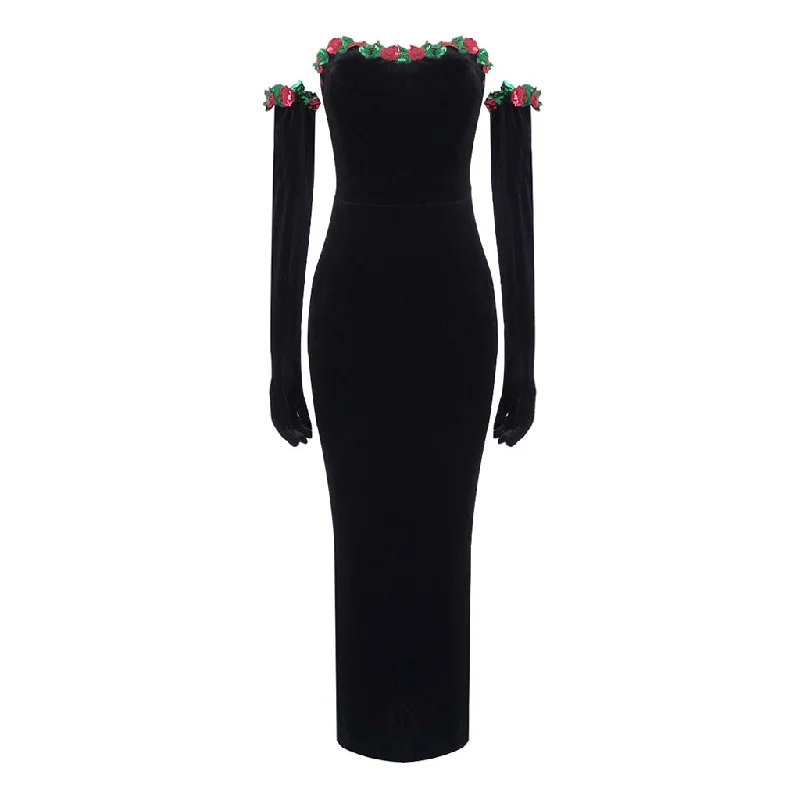 women's retro dressesVintage Sequined Floral Opera Sleeve Strapless Velvet Bodycon Maxi Dress