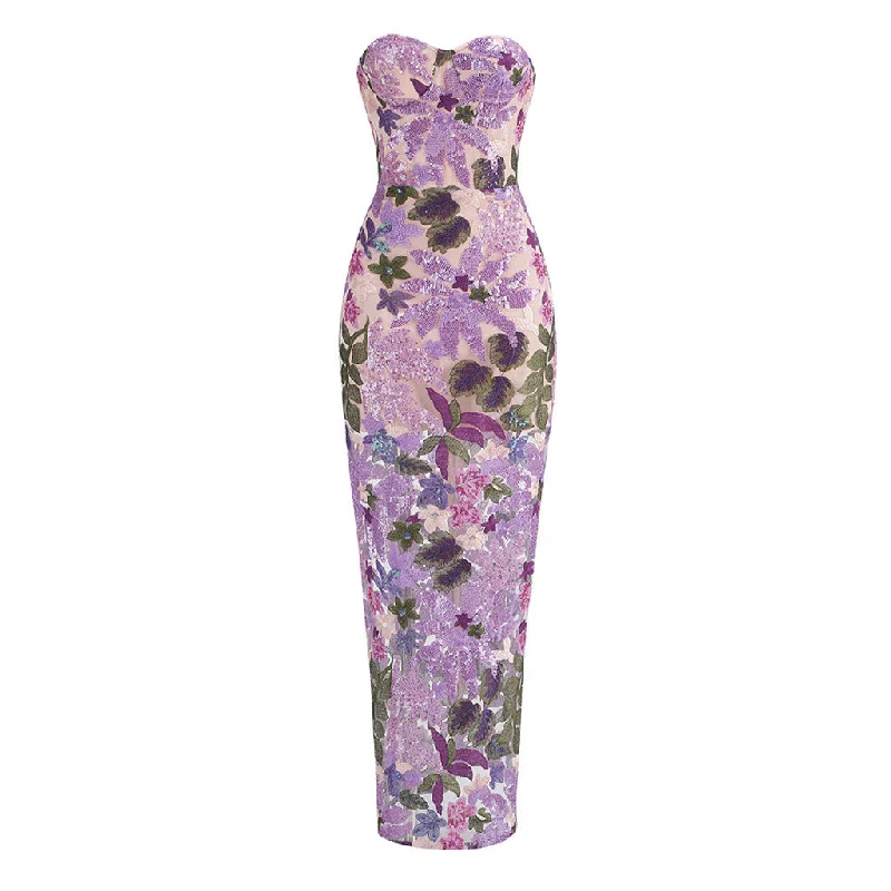 Polka-Dot DressSparkly Sequin Embroidered Floral Strapless Corset Evening Maxi Dress