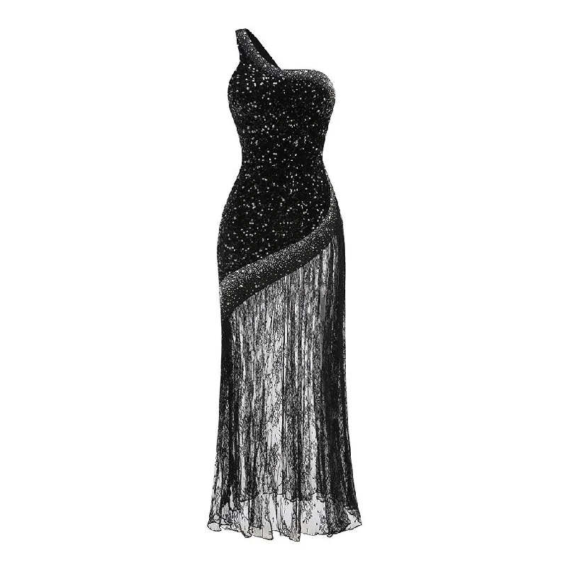 women's stretchy dressesAsymmetrical One Shoulder Crystal & Sequin Embellished Velvet Lace Maxi Dress