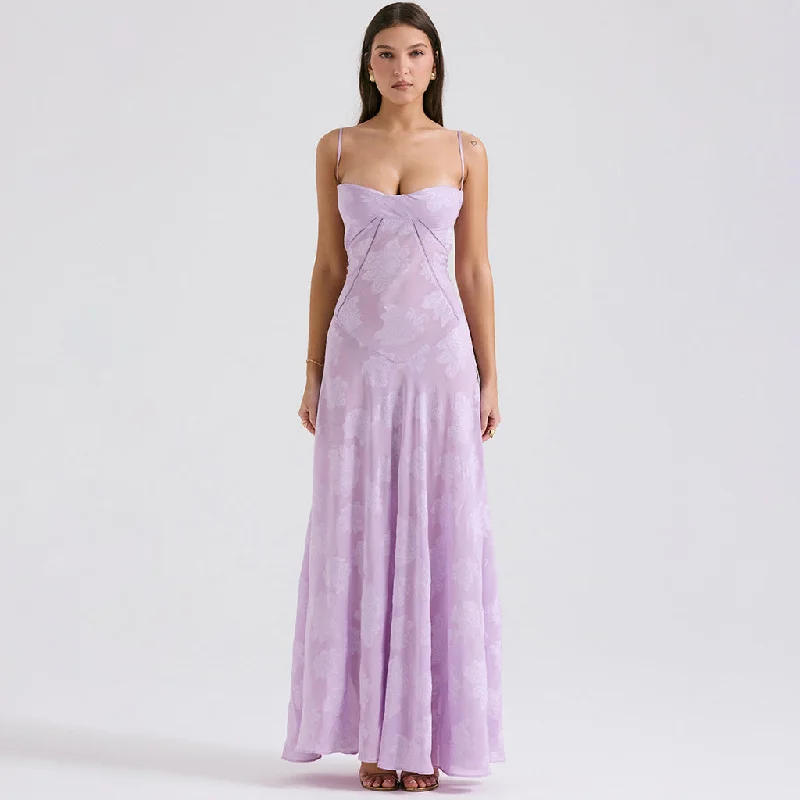 Ruffle DressSexy Sheer Jacquard Floral Lace Back Drop Waist Fishtail Maxi Slip Dress