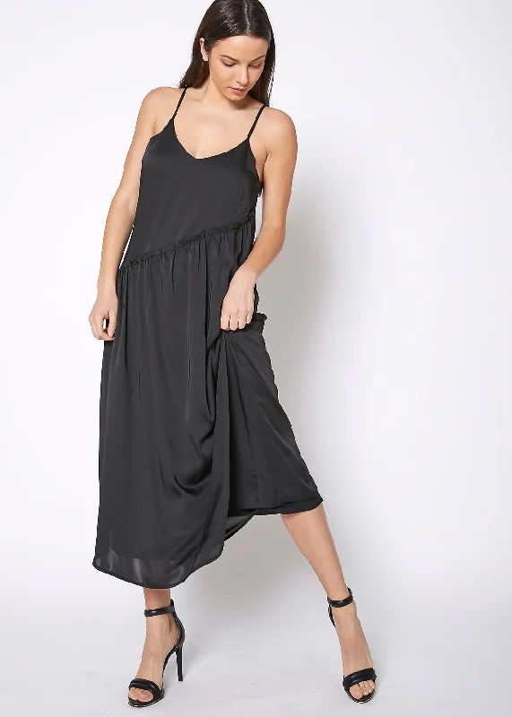 women's cold-shoulder dressesWomen's Diagonal Patched Spaghetti Strap Maxi Dress In Black