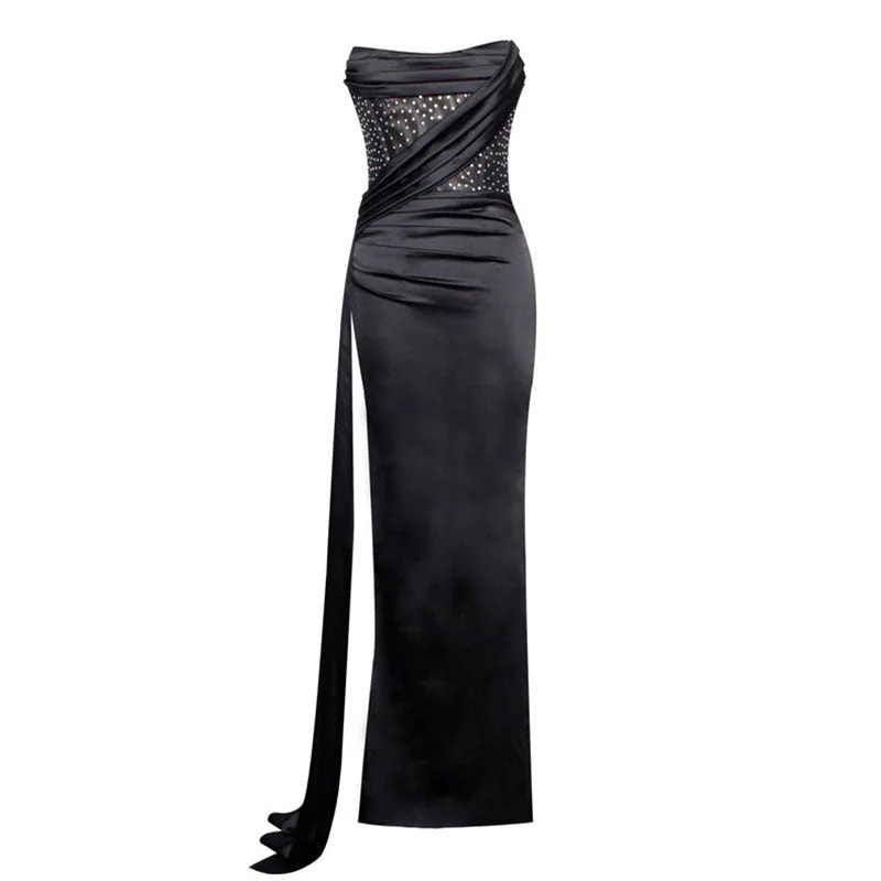 women's cocktail dressesOpulent Crystal Corset Draped High Split Satin Strapless Maxi Evening Dress