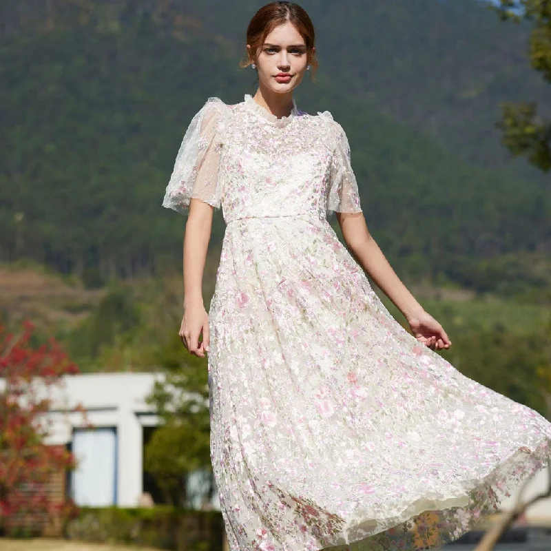 Bow-Tie DressLavish Short Sleeve Frill Neck A Line Summer Embroidered Floral Tulle Maxi Dress