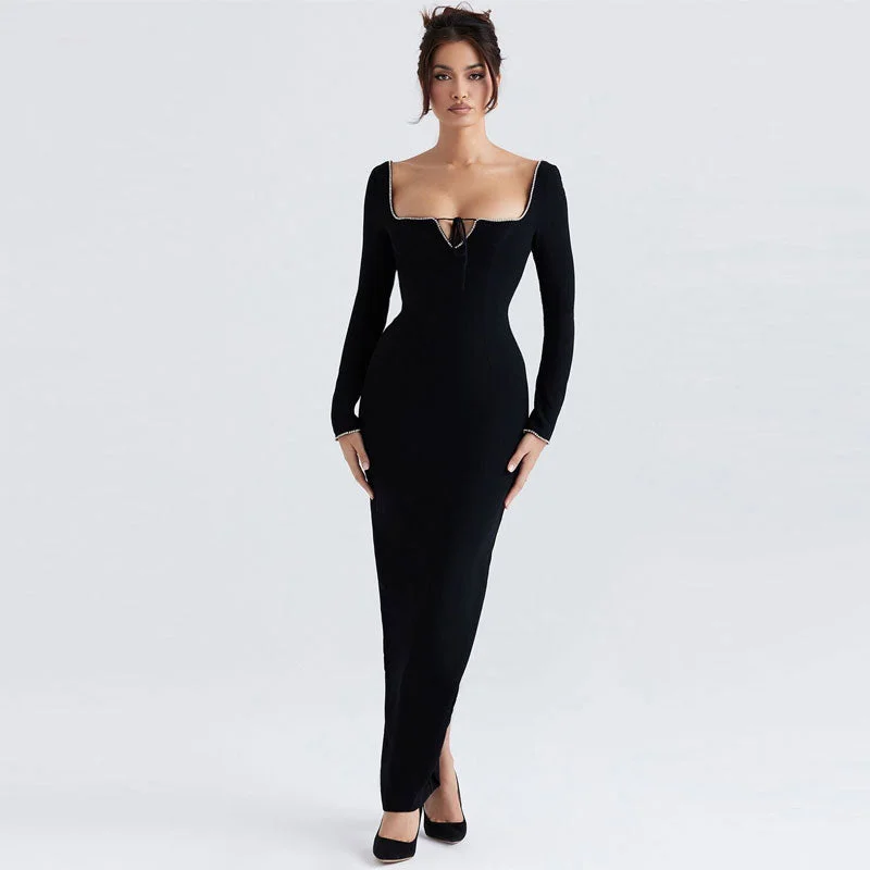 women's curve-hugging dressesClassy Rhinestone Square Neck Long Sleeve Open Back Maxi Bandage Dress - Black