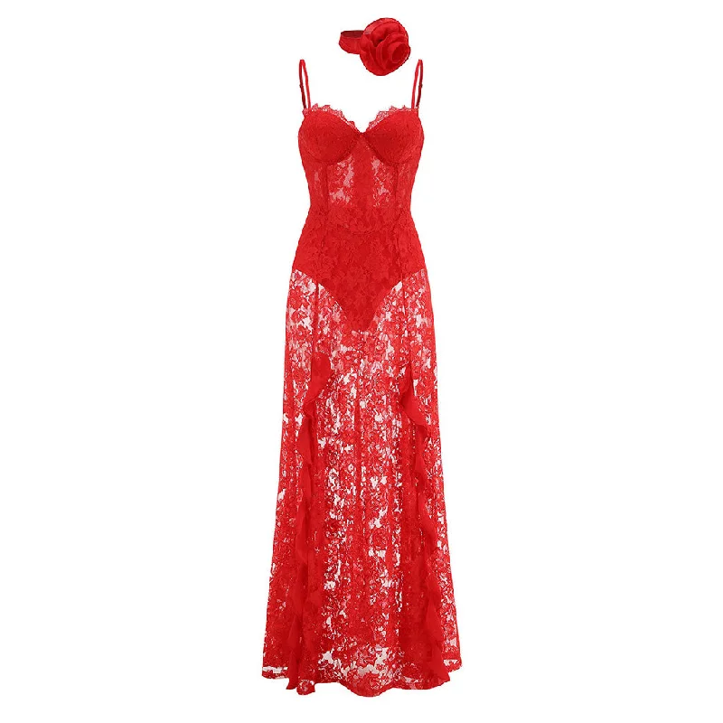 women's denim dressesRomantic Rosette Scarf Eyelash Bustier Ruffle Sheer Lace Slip Maxi Dress