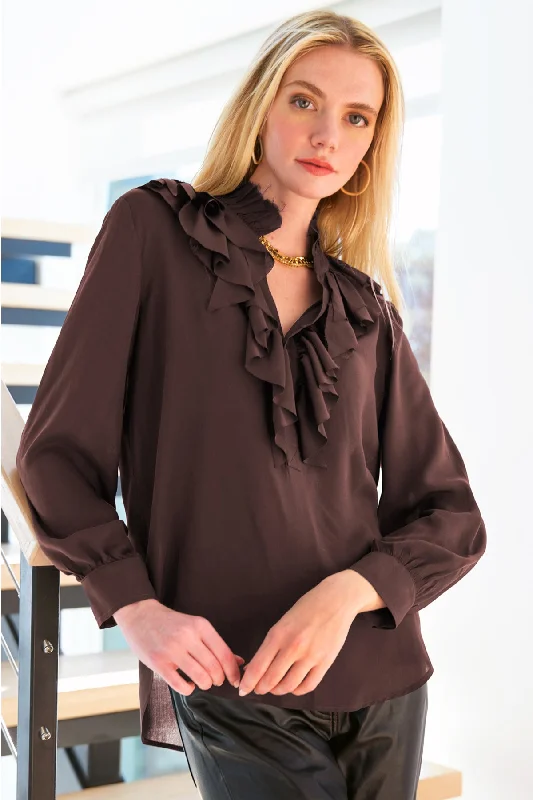 women's tops for glamorous eveningsRory Espresso Brown Viscose Voile Fray Neck Top