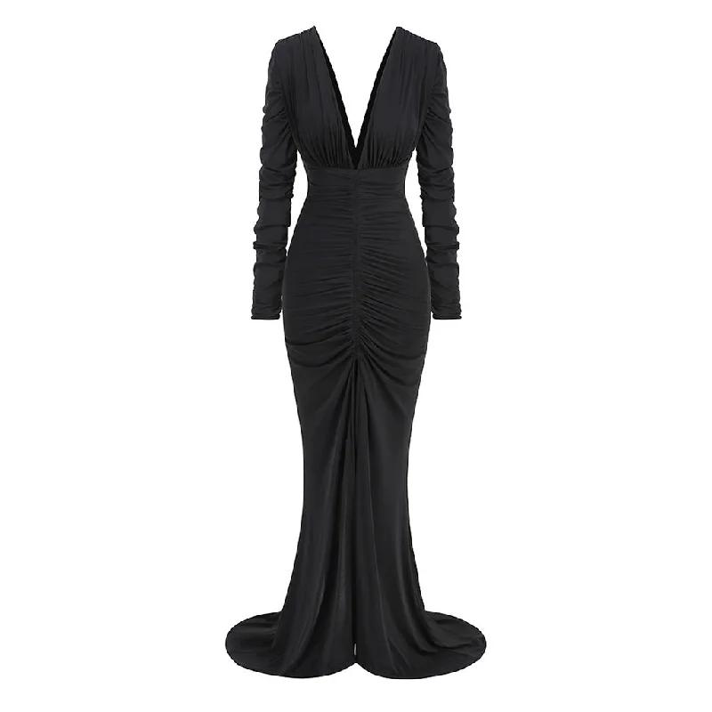 Velveteen DressSexy Plunge V Neck Long Sleeve Ruched Split Train Fishtail Maxi Dress