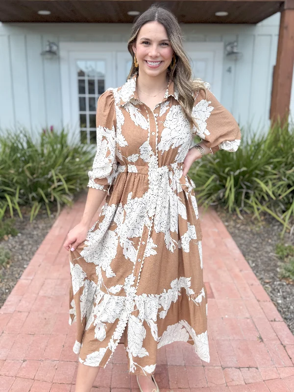 women's minimalist dressesThe Johnny Floral Scalloped Long Sleeve Maxi Dress-Camel