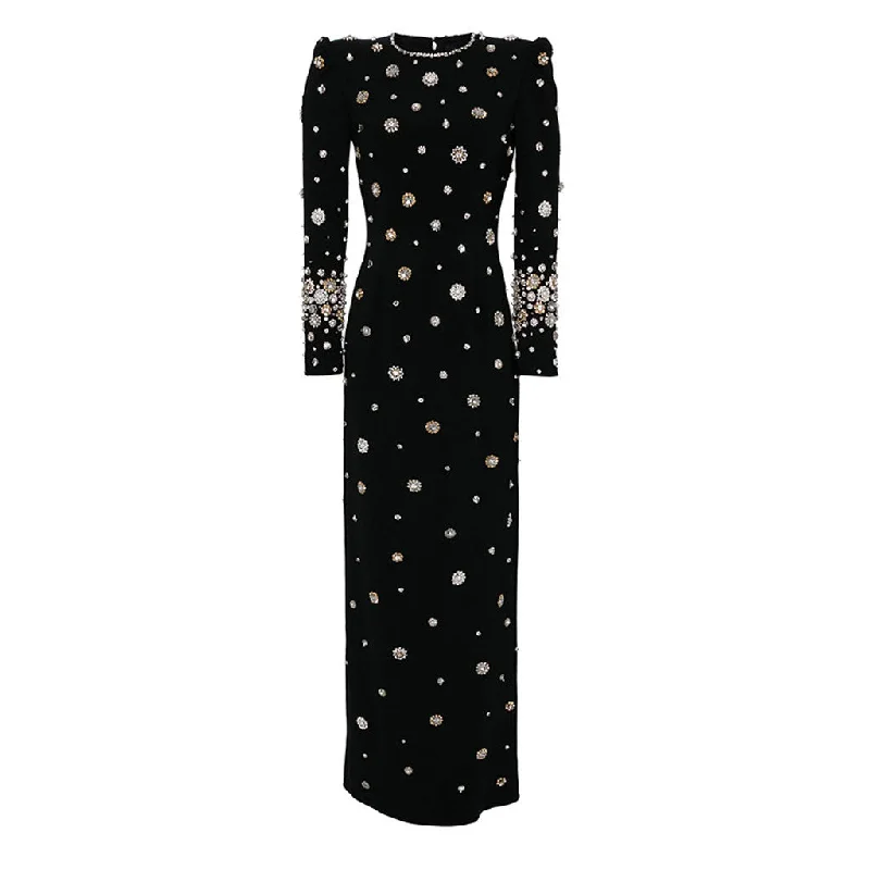 women's wrap dressesOpulent Faux Pearl Rhinestone Crew Neck Long Sleeve Crepe Maxi Evening Dress